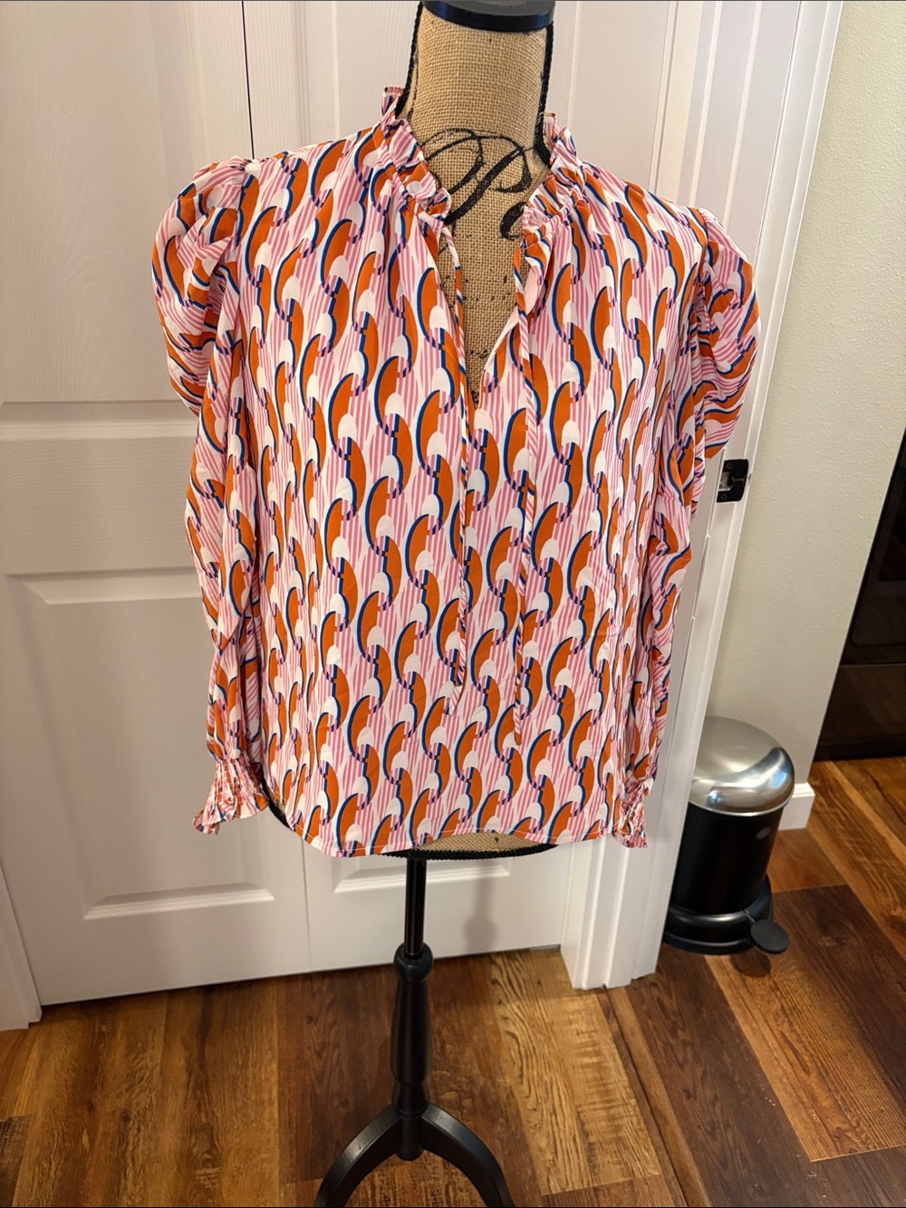 THML Pink, Orange & Navy Printed Ruffle V-Neck Blouse